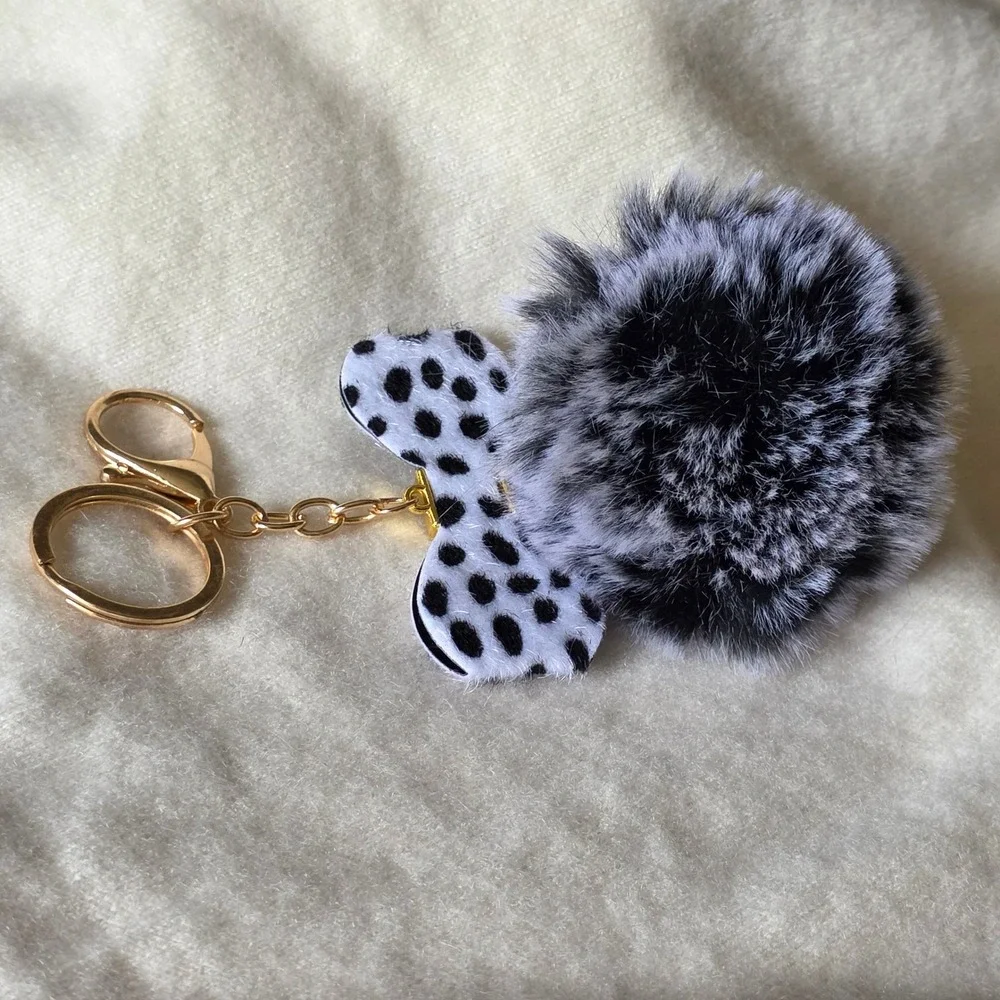Faux Fur Pom Pom Keychain Dalmatian Print Bow Gold Bag Charm Grey Black Spotted